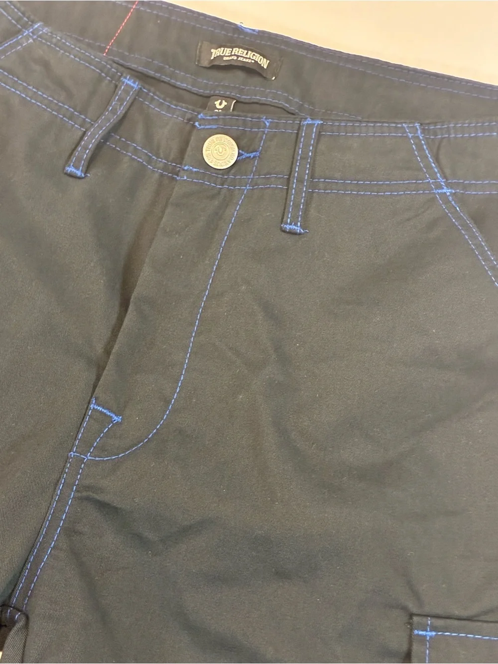 True Religion Black Cargo Pants with Blue Contrast Stitching